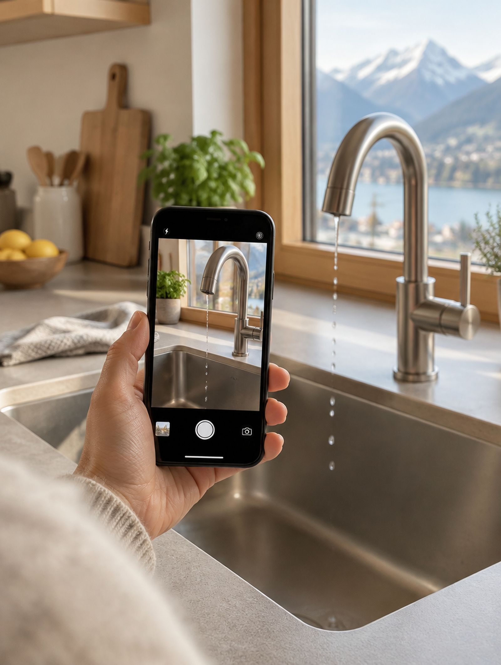 Eine Person fotografiert mit dem Smartphone einen tropfenden Küchenwasserhahn.